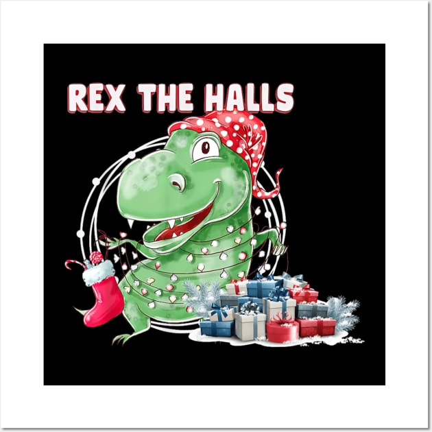 T Rex The Halls Christmas Dinosaur Wall Art by Mitsue Kersting